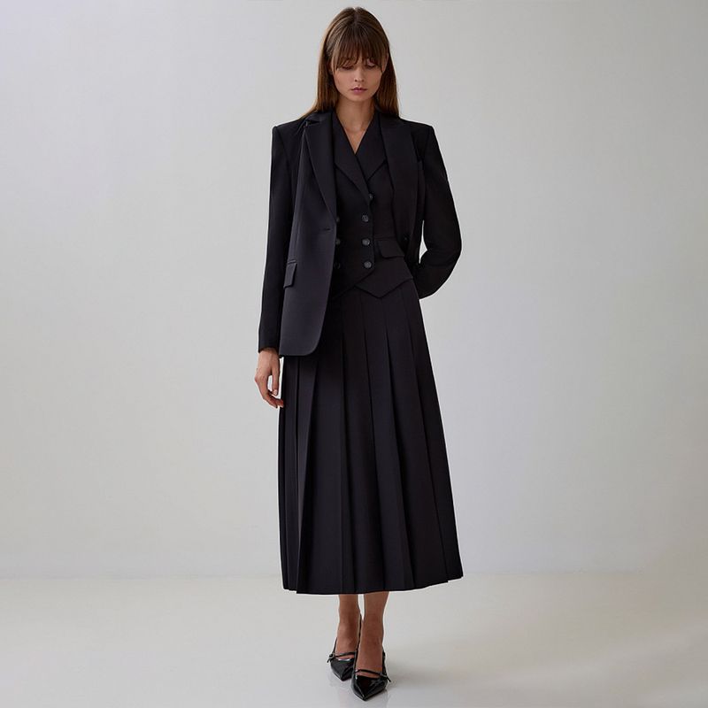 Vêtements pour femmes, tempérament d'automne élégant, nouveau gilet sans manches, jupe longue plissée, costume deux pièces_voghion.com