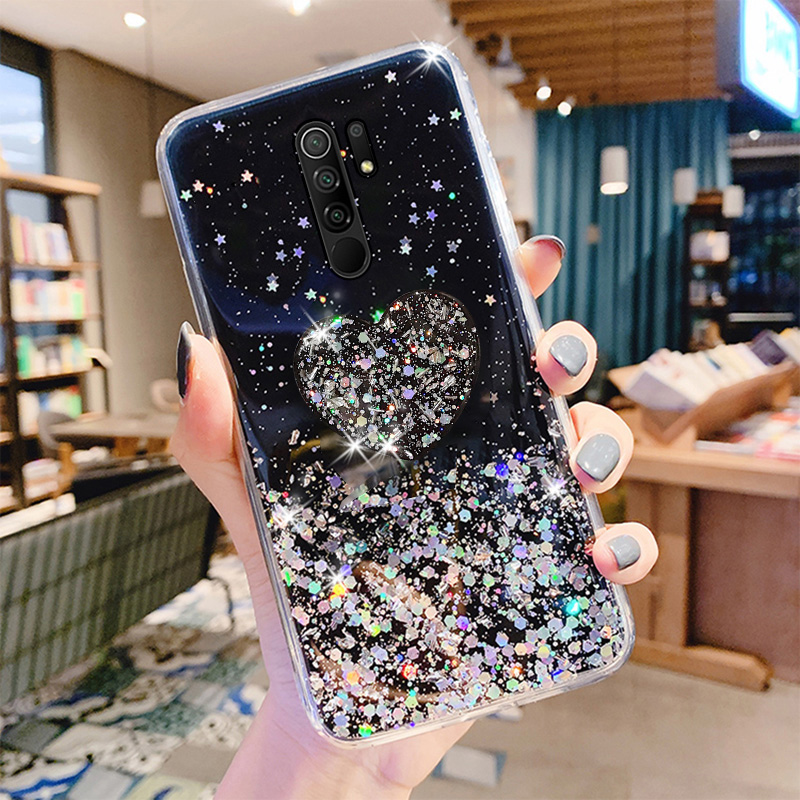 Glitter Heart Holder Case For Xiaomi Redmi 9 Cases Bling Star Soft Cover for Xiaomi Redmi 9A 9c Redmi9 Phone Covers Bump_voghion.com