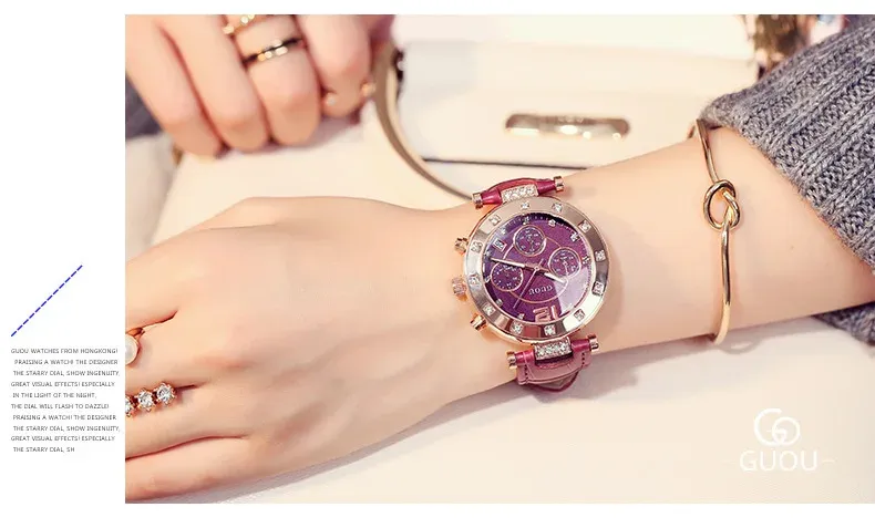 Orologio da polso elegante da donna Guou, al quarzo, con diamanti incastonati, cinturino in pelle, luce notturna, quadrante grande, funzione calendario_voghion.com