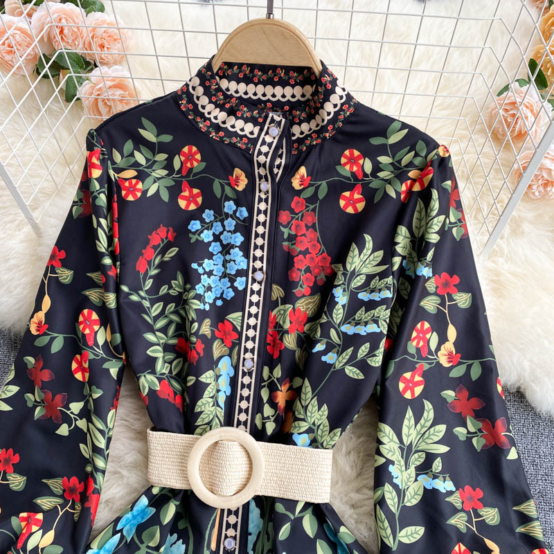 Abito da donna in stile palazzo retrò con cravatta in vita, girocollo, maniche lunghe, volant, gonna a trapezio in stile fata western_voghion.com