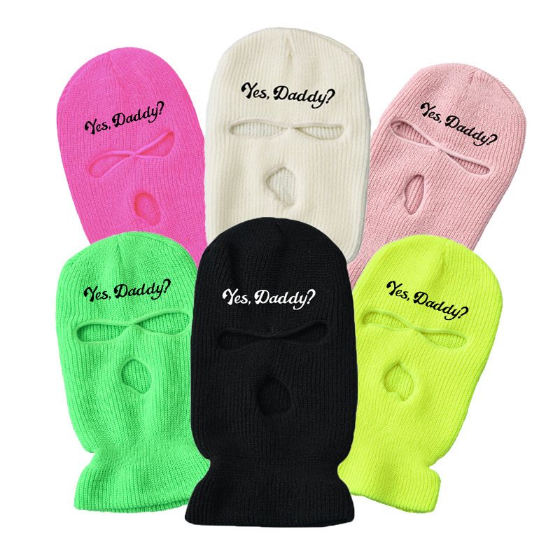 Cagoule d'hiver chaude, masque d'équitation, bonnet tricoté en laine à trois trous, bonnet brodé avec alphabet_voghion.com
