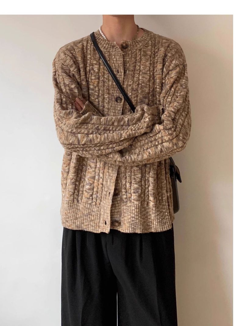 Oversized Knit Cardigan – Vintage Cable Stitch, Unisex Relaxed Fit (Walnut Brown, M-3XL)_voghion.com