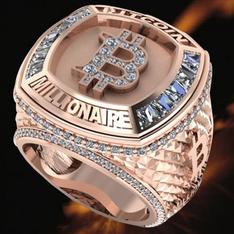 Anillo de metal con incrustaciones de circonita cúbica y diseño de Bitcoin, ideal como regalo de boda para hombres y mujeres, ideal como regalo de aniversario o fiesta._voghion.com