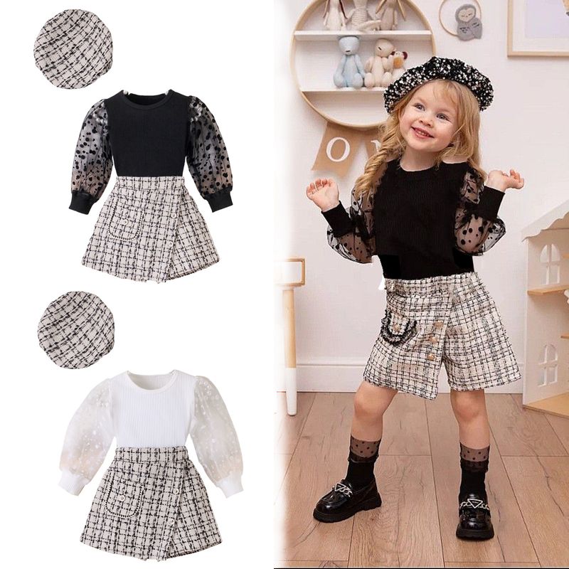 Mother & Kids Girls Knitted Patchwork Polka Dot Long Sleeve Girls Autumn Knitted Dot Long Sleeve Top + Chanel-Style Skirt Pants & Beret 3-Piece Set_voghion.com