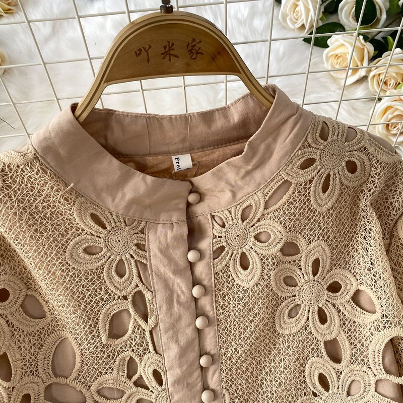 Elegante camicetta in pizzo con collo alto e gonna patchwork attillata – Completo sofisticato in due pezzi per donna_voghion.com