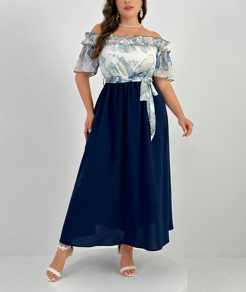 Sommerliches Wickelkleid in Übergröße – schulterfreies, elegantes Bürokleid mit Blumendruck und Gürtel, langes A-Linien-Kleid für Damen (0XL-4XL, Marineblau)_voghion.com