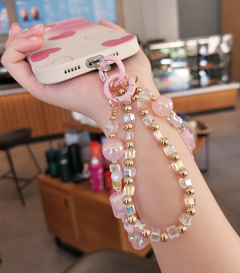 Mobile Phone Lanyard Short Handmad Wrist Bracelet Women's Clip Style Double Chain Crystal Beads Phone Case with Anti_voghion.com