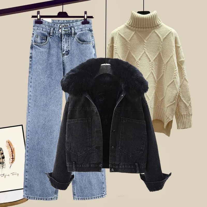 Autumn Winter Women's Outfit 2025 New Fleece Lined Thickened Denim Jacket Slimming Jeans Street Style Three-Piece Set_voghion.com