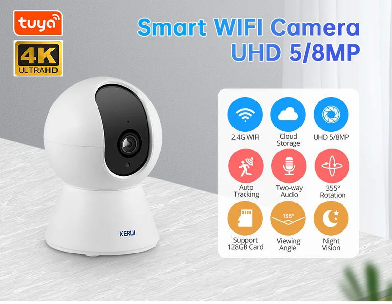 KERUI 8MP/5MP 4K WiFi IP für Indoor Tuya Smart APP Drahtlose Sicherheit Home CCTV Überwachung Kamera Alarm Auto Tracking_voghion.com