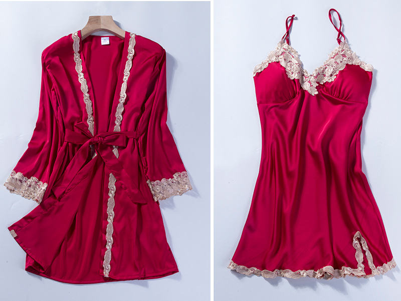 pigiama sexy da donna in seta di ghiaccio set da cinque pezzi con bretelle camicia da notte a maniche lunghe in seta sottile da casa con imbottitura sul petto_voghion.com