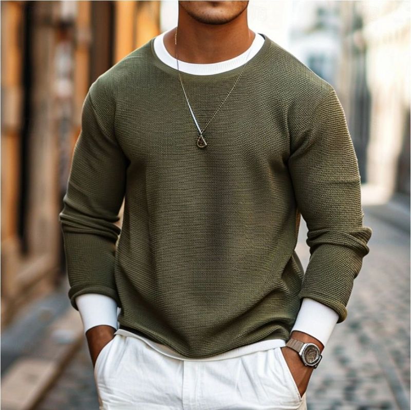 Herrenbekleidung Neue Herren Waffel T-Shirt Tops Langarmshirt Einfarbig Rundhals Street Holiday Langarmmode_voghion.com
