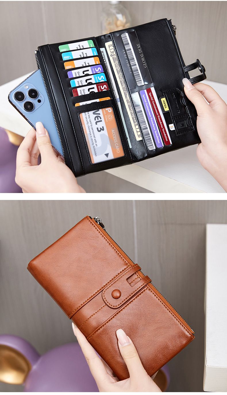 Damen-Geldbörse & Herren-Geldbörse RFID-Antimagnetische Geldbörse Vintage Wachsleder Clutch Multifunktionale Damen Lange Geldbörse_voghion.com