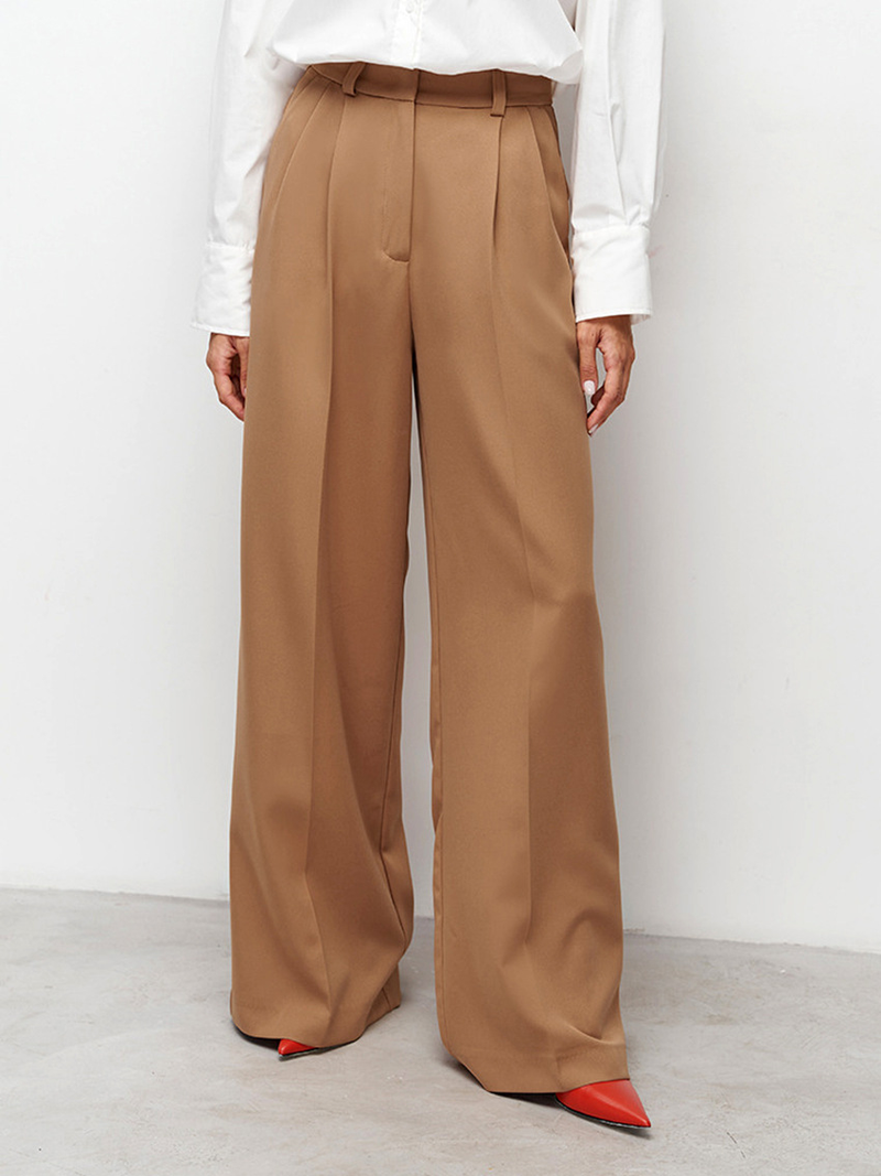 Pantaloni eleganti da donna a vita alta e gamba larga - Pantaloni da ufficio con orlo fluido e tasche laterali - Tessuto elasticizzato in misto poliestere (nero/kaki, S-XXL)_voghion.com