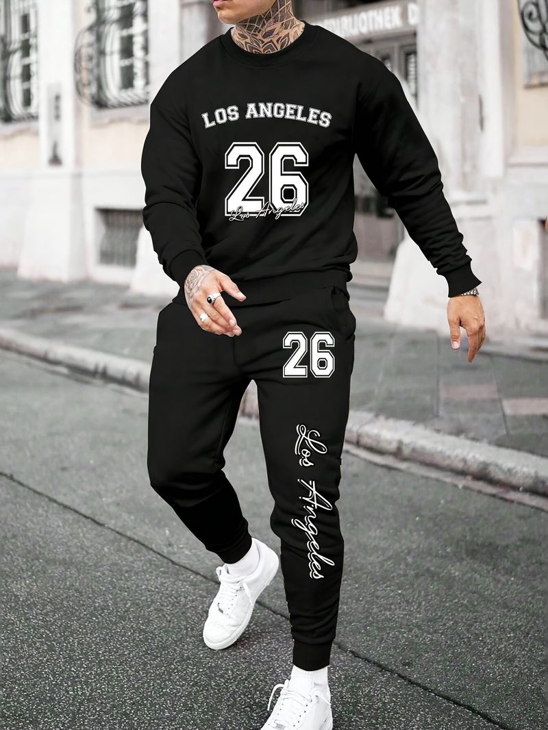 Conjunto de sudadera y pantalón de chándal de cuello redondo para hombre, sencillo e informal, con estilo y comodidad para el día a día._voghion.com
