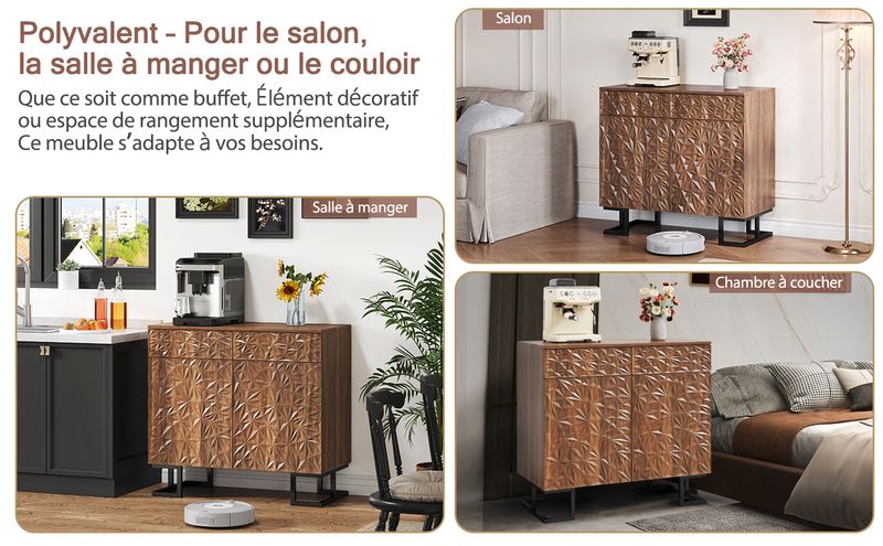 Credenza Kommode 80x78cm Walnussoptik Mit Blattrelief, 2 Schubladen & 2 Türen, Metallbeine_voghion.com
