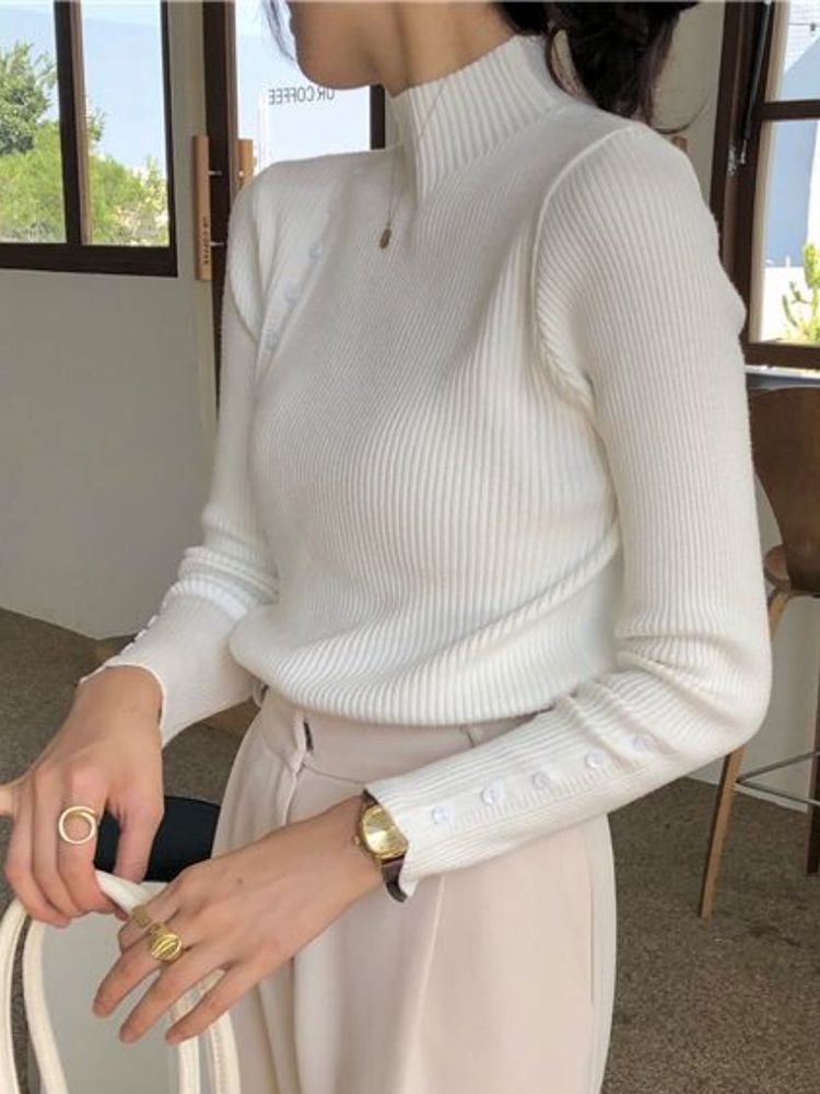 Maglione lavorato a maglia da donna, a maniche lunghe, con bottoni, a collo alto, sottile, per autunno e inverno, morbido e caldo, con fondo alto_voghion.com