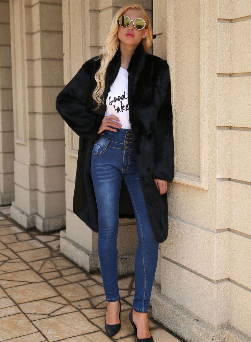 Abrigo largo de lujo de piel sintética de conejo para mujer, con cinturón ajustable, abrigo de invierno negro._voghion.com