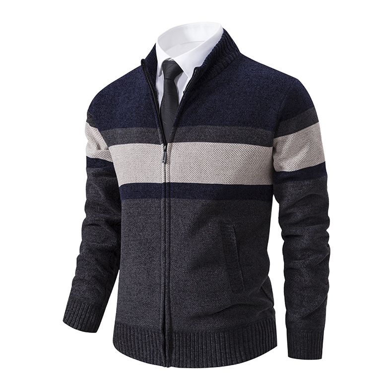 2023 Autumn and Winter Men's Sweater Cardigan Stand Collar Zipper Sweater Fashion Casual Color Block Jacket_voghion.com
