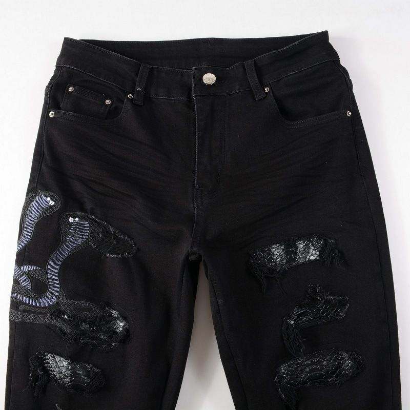 Jeans elasticizzati slim fit strappati con ricamo cobra da uomo, con dettagli strappati e effetto consumato - Moda di strada per uno stile urbano_voghion.com