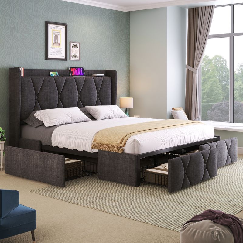 Cadre de lit double avec rangement 140 x 200 cm, avec port USB, tête de lit capitonnée et 4 tiroirs, sommier à lattes en bois gris (avec matelas)_voghion.com