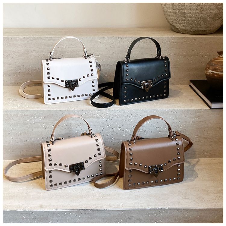 Women's Studded Clutch Bag - Spring PU Small Handbag With Flap Closure (Black, Brown, Beige, White)_voghion.com