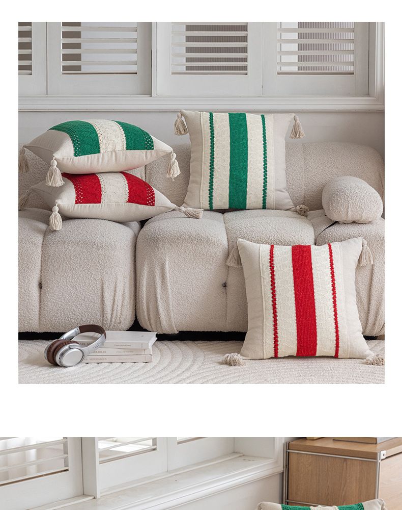 Weihnachtskissenbezug mit Quaste und Einsatz – Kissenbezug aus roter und grüner Baumwolle für Sofa und Bett (abnehmbar, festliche Weihnachtsdekoration, Füllung aus PP-Baumwolle)_voghion.com