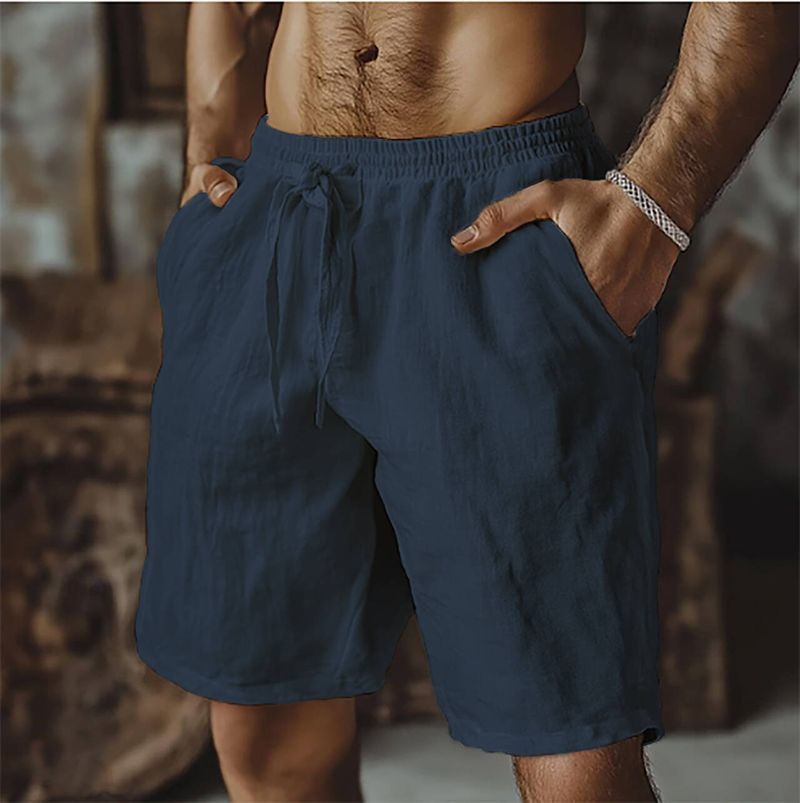 Abbigliamento da uomo, pantaloncini in cotone e lino con elastico in vita, pantaloncini da spiaggia casual sportivi da uomo_voghion.com