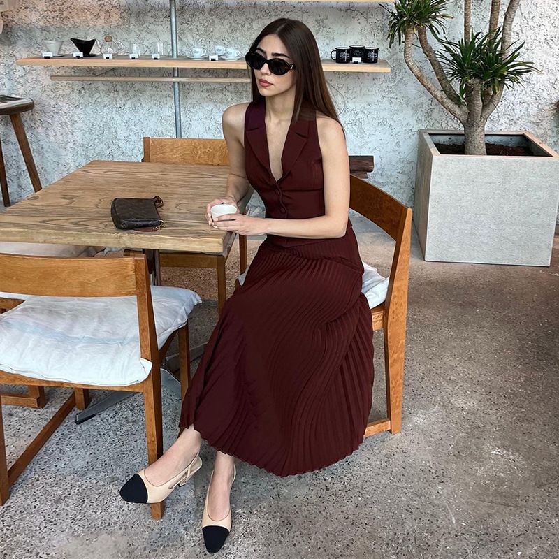 Dámské oblečení Letní nový styl obleku s límečkem, vesta, top, středně dlouhý skládaný oblek s sukní_voghion.com