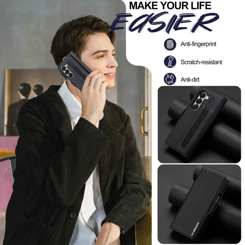 Capa de couro empresarial com suporte para caneta e compartimento para cartões para Samsung Z Fold 6, 5, 4, 3, 6, 5, 4 e 3, 5G_voghion.com