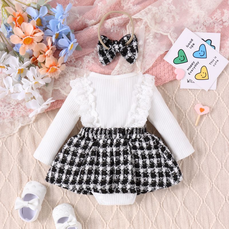 Abbigliamento per bambini piccolo vento profumato autunno inverno bambina gonna in pizzo a maniche lunghe in pizzo patchwork intrecciato abito con fiocco Ha_voghion.com