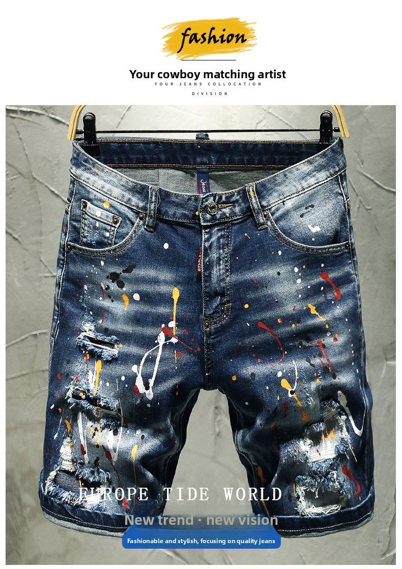 2025 Style Handmade Distressed Jeans Herren Einzigartige Shorts High-End D2 Painted Mittellange Hose_voghion.com