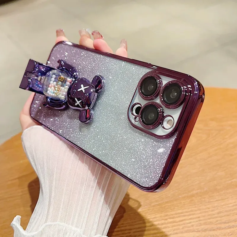 Coque de protection en silicone pailleté dégradé pour iPhone 16, 15 Pro Max, 16 Plus, motif ours en bonbon_voghion.com