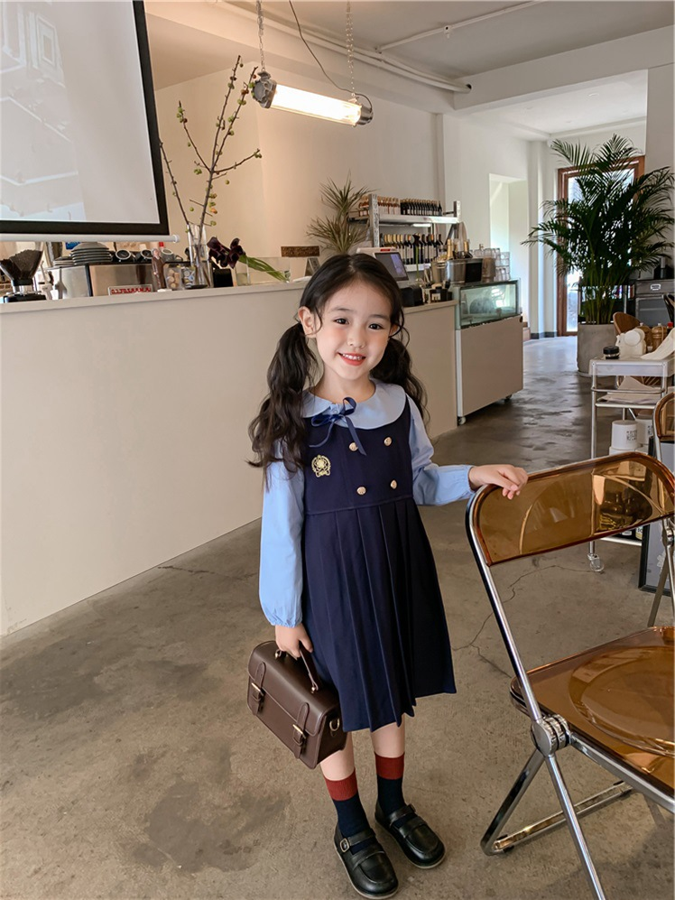 Abbigliamento per bambini, set autunnale per ragazze, graziosa camicia universitaria feng shui+gonna gilet in stile britannico blu navy_voghion.com