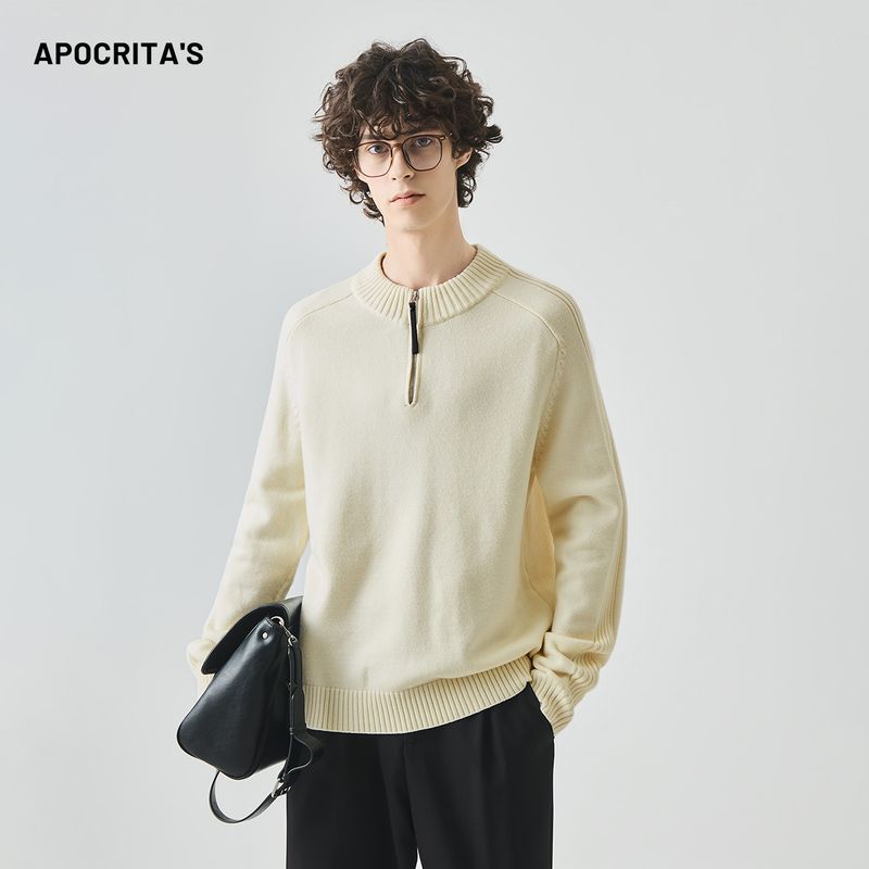 APO Herrenbekleidung|Herrenpullover mit halbem Reißverschluss, Herbst, Lazy Old Money Style, dickes, lockeres Raglan-Oberteil mit innerer Schicht_voghion.com