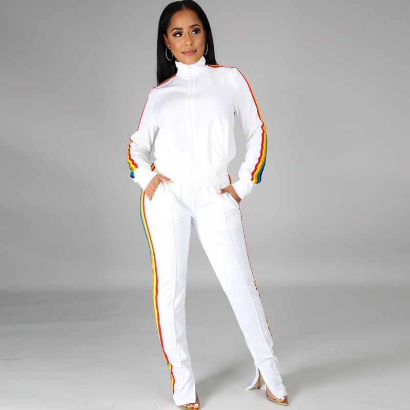 Completo due pezzi da donna autunno inverno, manica lunga, colletto rialzato, casual, pantaloni della tuta color block_voghion.com