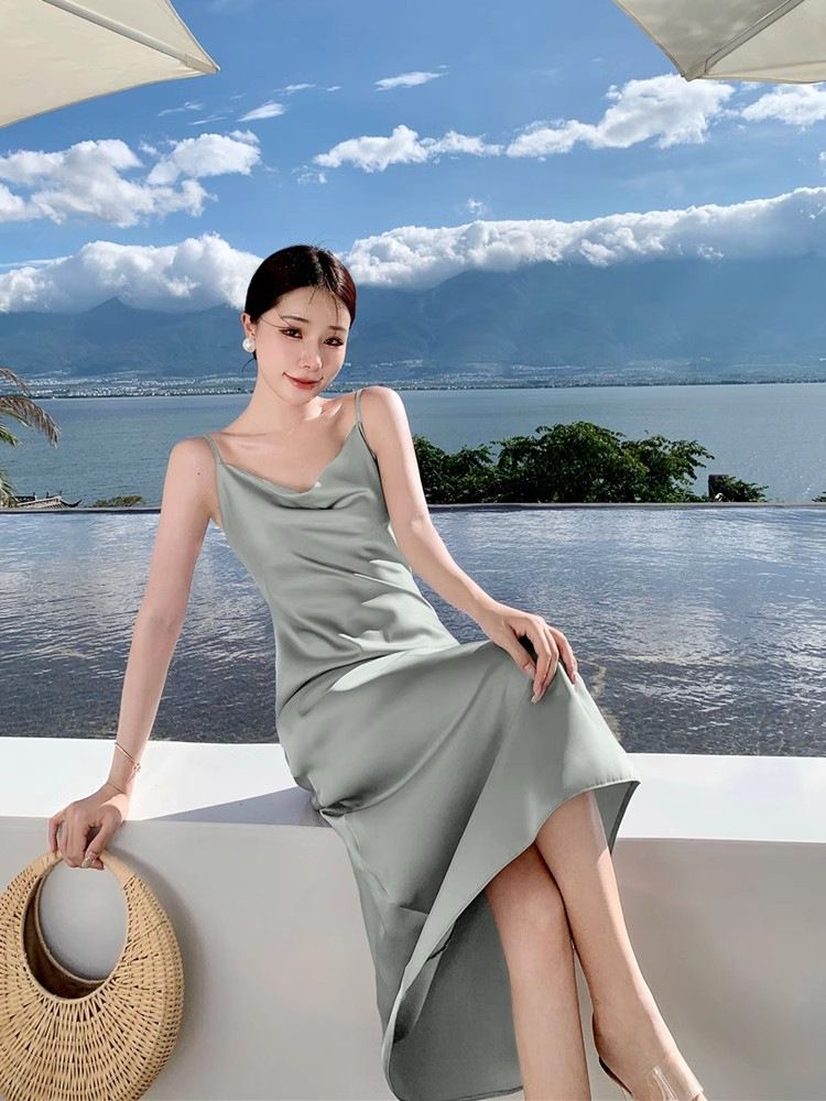Summer New High-end Acetic Acid Swing Collar Camisole Dress With French Satin Glossy Drape Design_voghion.com