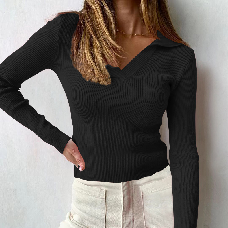 T-shirt da donna elegante con collo alto e maniche lunghe a V profonda in cotone attillato_voghion.com