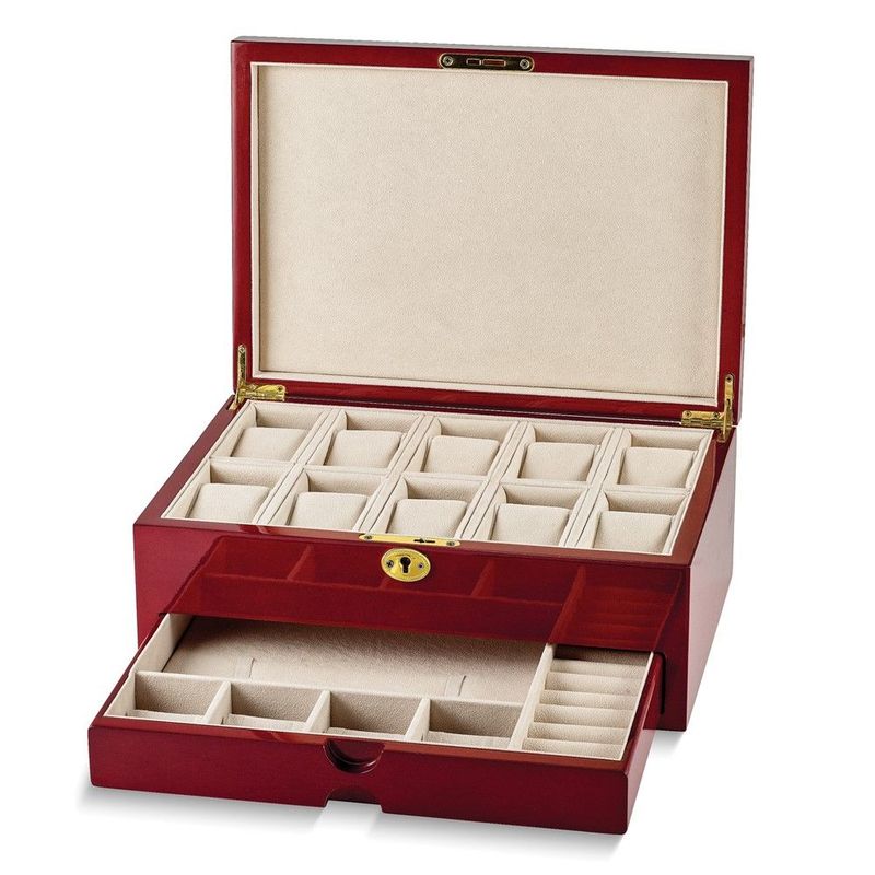High Gloss Cherry Finish 1-drawer Locking 10-Watch And Accessory Case_voghion.com