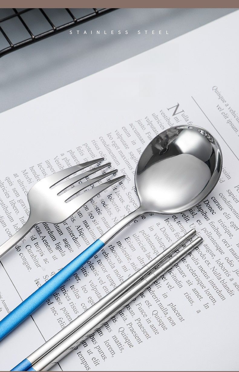 Stainless Steel Portugal Chopsticks Spoon Fork Outdoor Student Cutlery Three-Piece Set Portable Box_voghion.com