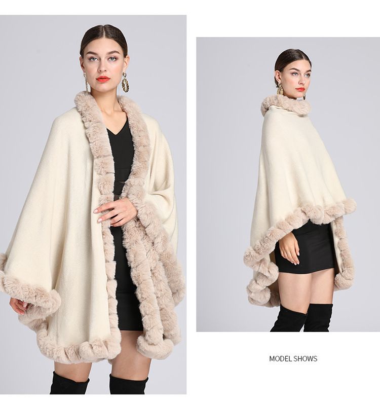 Fur Collar Cape Ladies Large Size Knitted Cardigan Loose Coat Artificial Fur Fashionable And Warm Shawl Cape_voghion.com