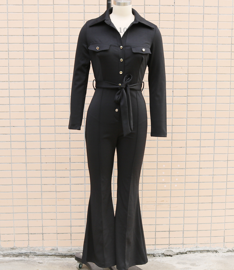 Women's clothing, autumn and winter button lapel micro-flared pants, work bag jumpsuit with belt_voghion.com
