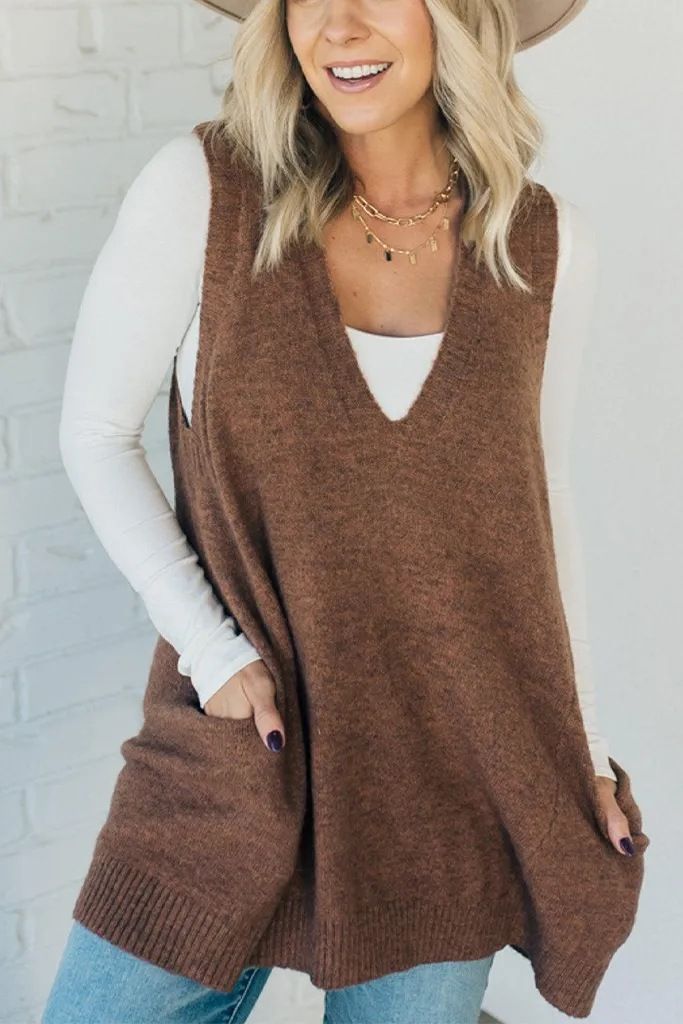K Einfarbige Strickweste mit V-Ausschnitt und Tasche, ärmelloser Pullover_voghion.com