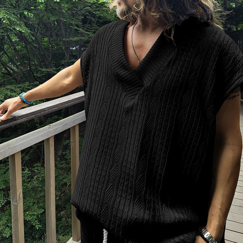 Gilet en tricot jacquard ample à col en V pour hommes, nouvelle collection d'été, surdimensionné et décontracté_voghion.com