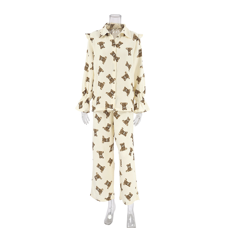 Pyjama chaud en pur coton, imprimé à la mode, manches longues, pantalon, ensemble deux pièces, vêtements de maison pour femmes, offre spéciale_voghion.com