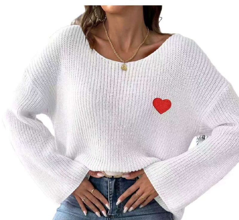 Women's Oversized Valentine's Day Love Embroidery Off-Shoulder Sweater - Cozy Casual Pullover With Heart Applique_voghion.com