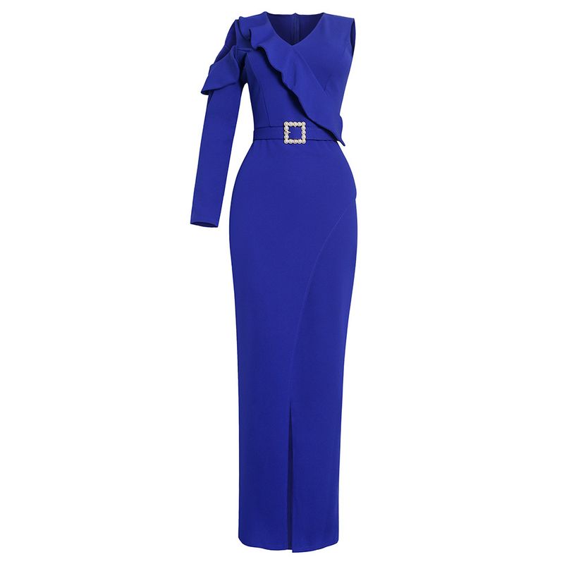Vestido largo irregular ajustado de talla grande para mujer, vestido de un solo hombro, vestido largo musulmán_voghion.com