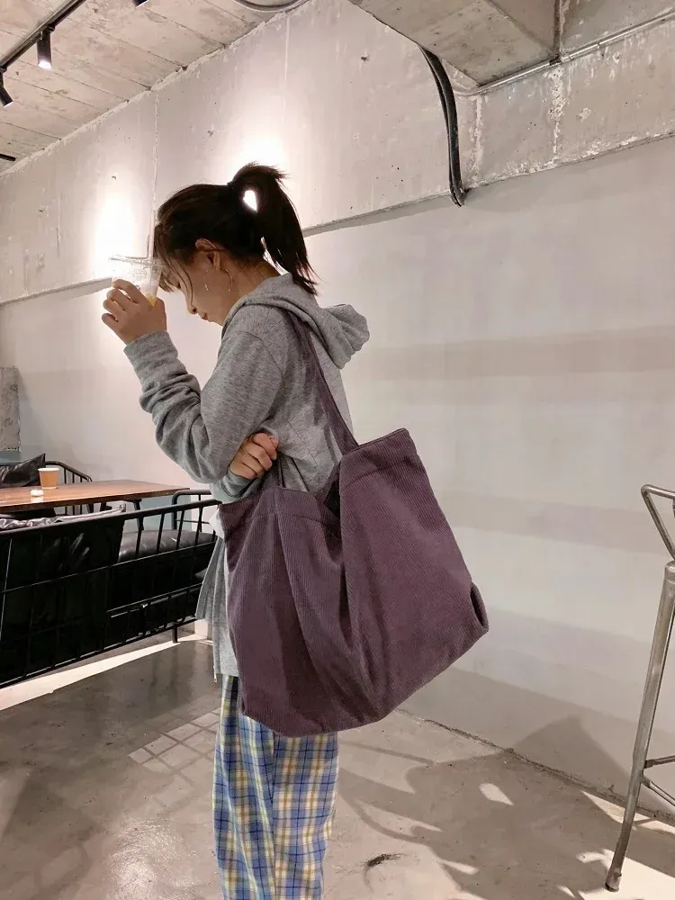 Borsa a mano da donna in velluto a coste 2023 per la spesa, per ragazze, con cerniera, ecologica, spessa e capiente, borsa a tracolla invernale 250408l_voghion.com