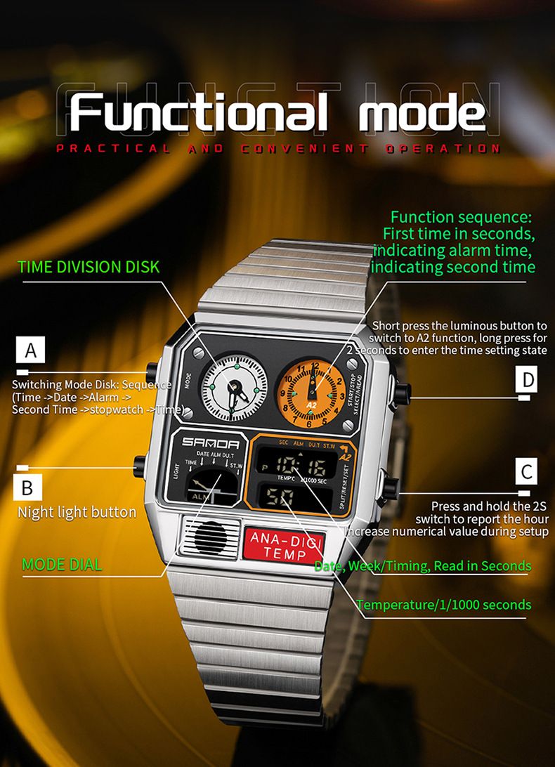Montre électronique Bracelet carré en acier Montre électronique Thermomètre Chronomètre Chronomètre Montre électronique multifonctionnelle_voghion.com