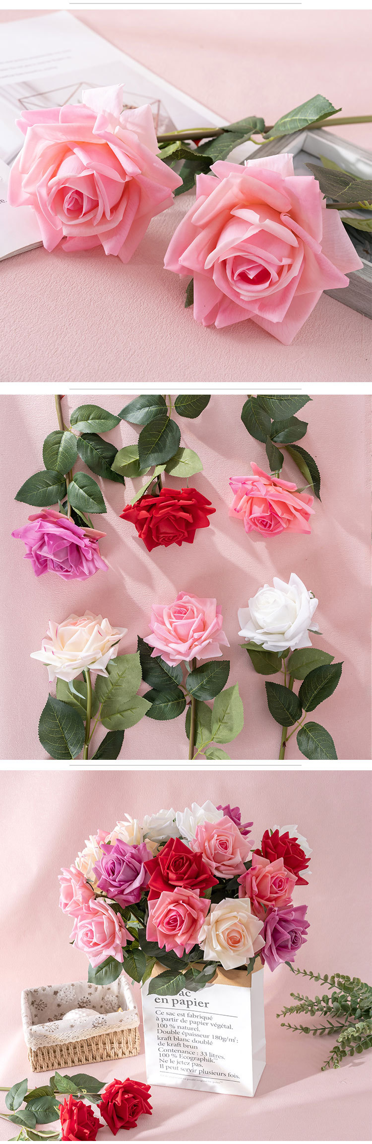 Decorative light and moon moist feel curled rose artificial florist fake flowers and green plants wholesale cross-border MW60003_voghion.com
