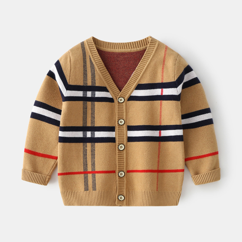 Herfst kinderkleding jongens geruite jacquard trui kinderen afneembare kraag nep tweedelige kerngesponnen garen trui trui_voghion.com